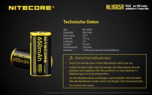NITECORE - Li-Ion Akku Typ 16340/650mAh über Micro-USB-Kabel direkt aufladbar
